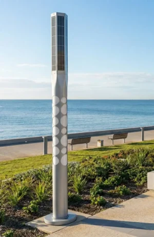 OptoSmart Colonna decorative smart solar poles integrated into modern urban landscapes and public squares. Perfect for Net Zero standard projects.