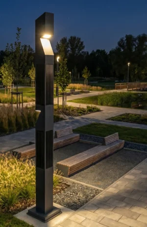Qubo smart solar pole in Single plus Bollard configuration illuminating a modern park seating area at night.