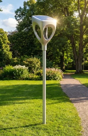 OptoSmart Ruta modern solar park lighting pole with top-mounted solar panel in a green landscape