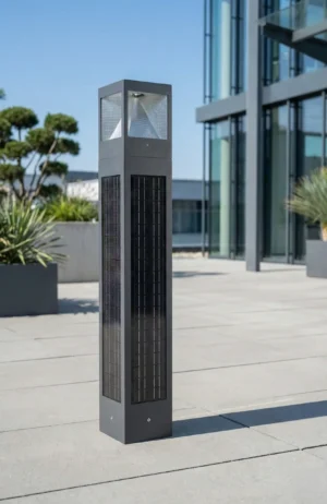 Off-grid square solar bollards illuminating a modern commercial pathway at dusk.