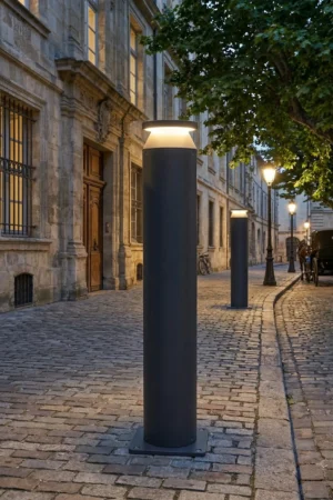 Professional render of two OptoSmart Heera lighting bollards on white background, showcasing custom RAL color options for the body and top.