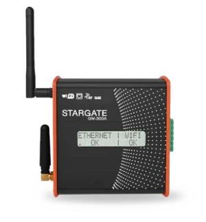 Front view of Stargate GW-300A LoRaWAN smart city gateway showing LCD status display