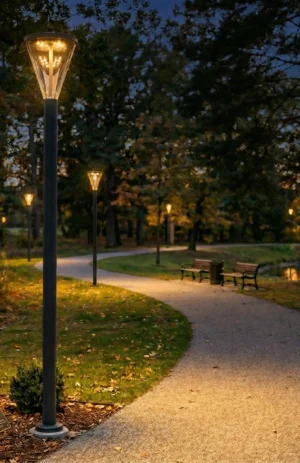 Row of OptoSmart Tura architectural lighting poles providing uniform, asymmetrical illumination along a curved public park pathway at night.