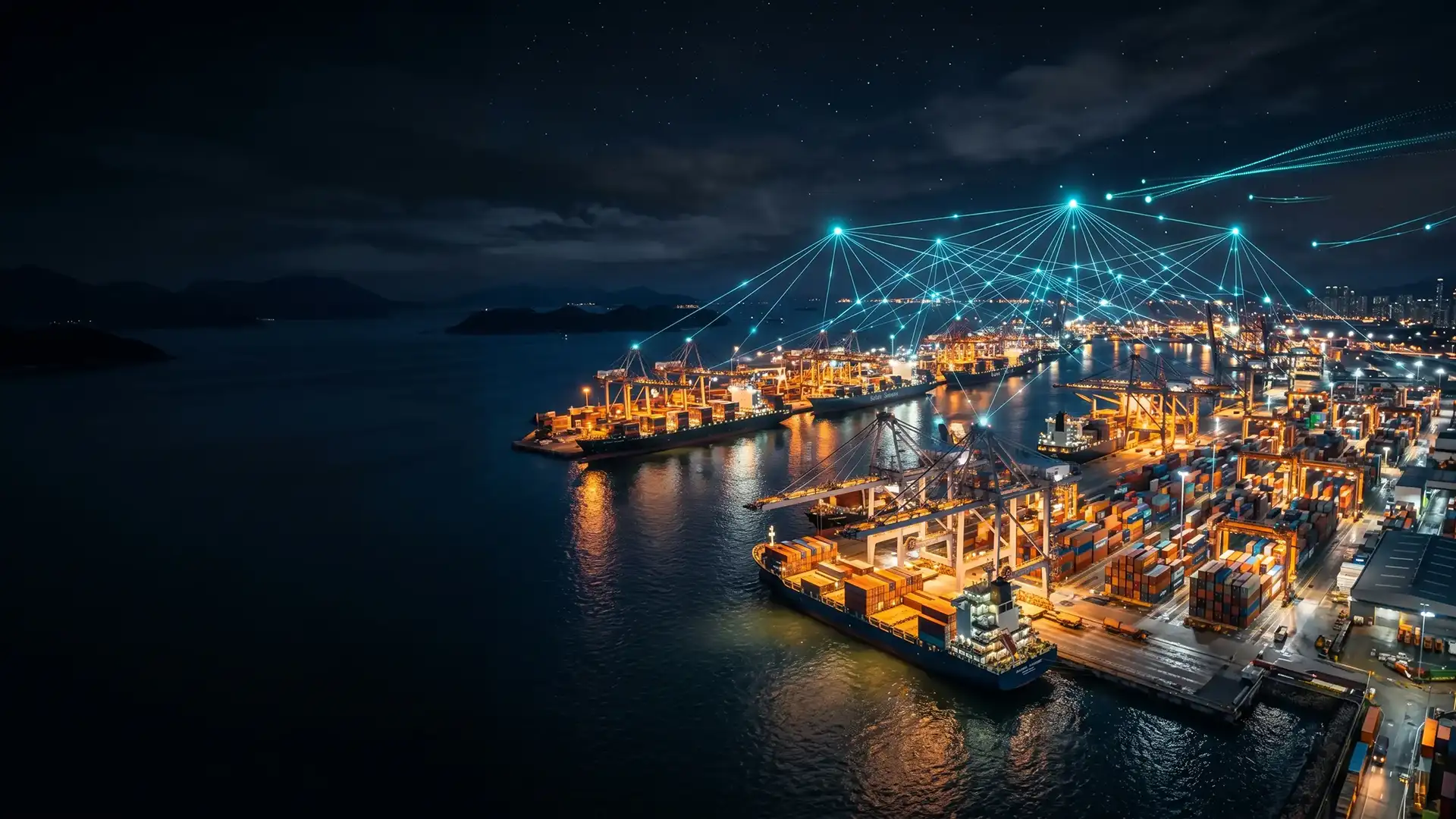 Smart industrial port at night featuring automated cargo operations and wireless IoT connectivity networks.
