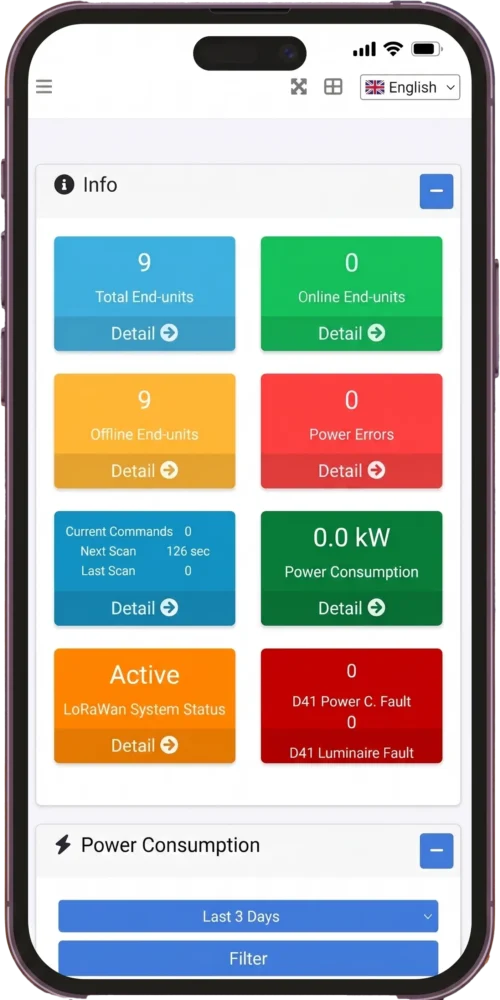 Experience total control in the palm of your hand. OptoOS seamlessly integrates with your infrastructure via LoRaWAN, providing real-time data on power consumption, end-unit status, and instant fault detection.