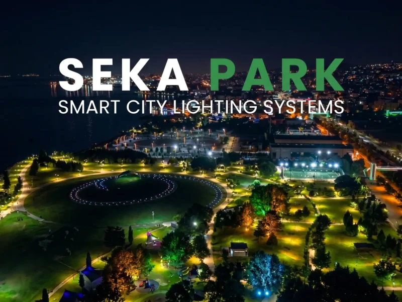 Kocaeli Seka Park Smart City Lighting Systems overview at night featuring colorful LED illuminated trees and IoT integration by OptoSmart