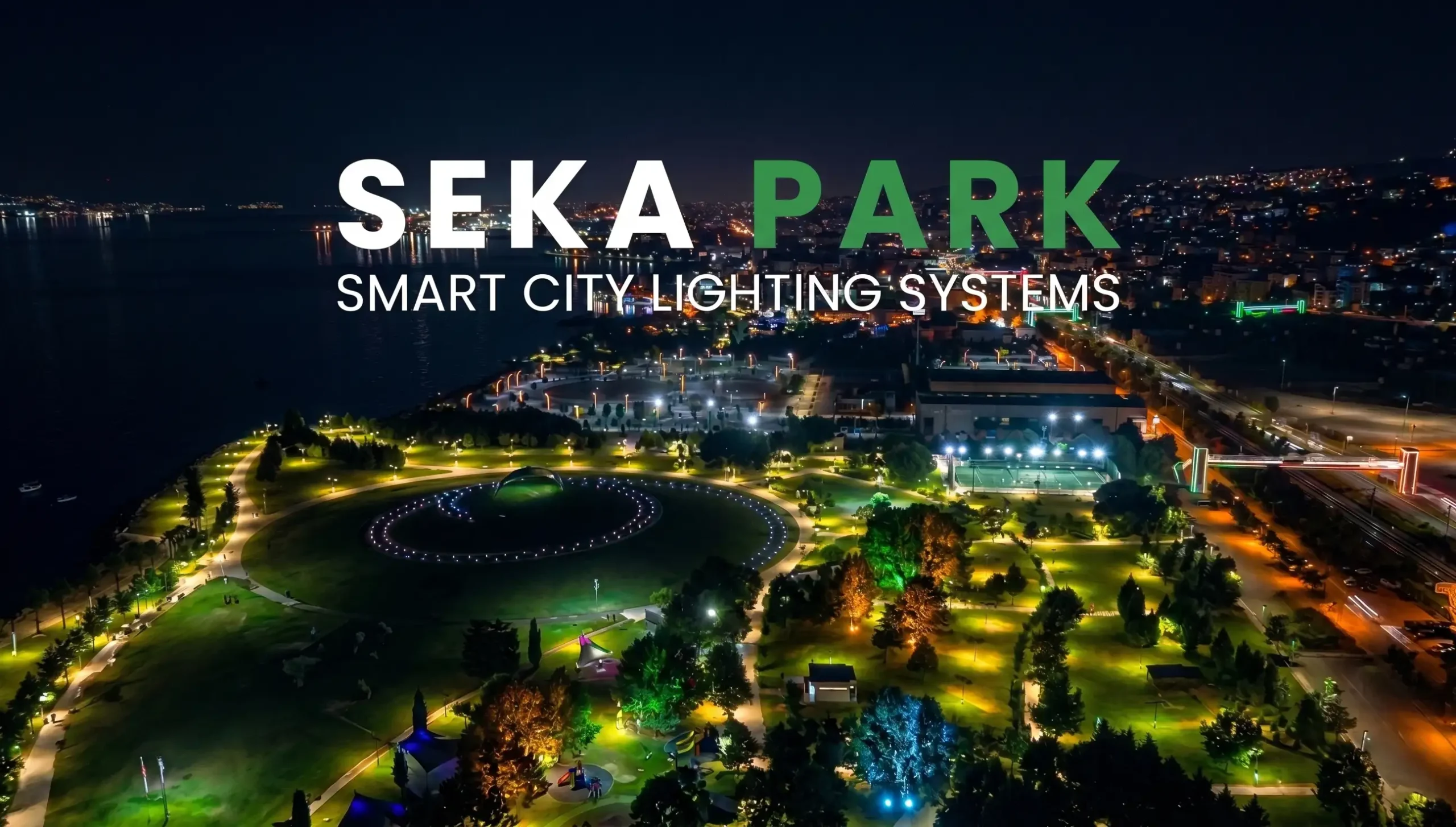 Kocaeli Seka Park Smart City Lighting Systems overview at night featuring colorful LED illuminated trees and IoT integration by OptoSmart
