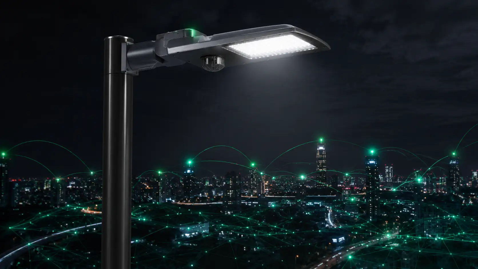 A modern LED street light connected to a seamless smart city lighting topology via glowing green LoRaWAN data streams.